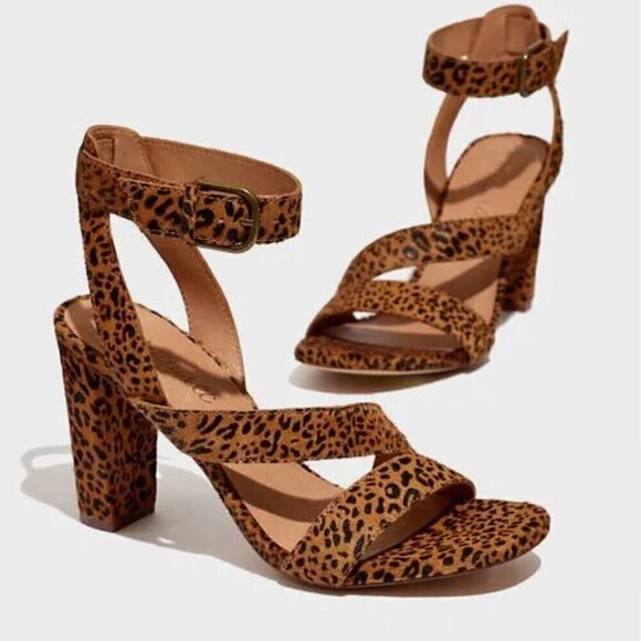Madewell The Liv Sandal Heels 5.5 Mini Leopard Calf Hair Ankle Strap - Picture 1 of 6